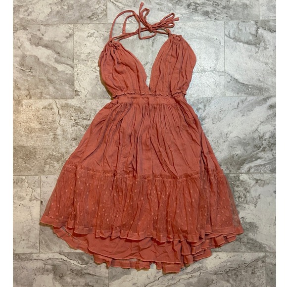 Unbranded Dresses & Skirts - Boho Terracotta Halter Mini Dress Sz Med Deep-V Backless Ruffle Lace Skirt